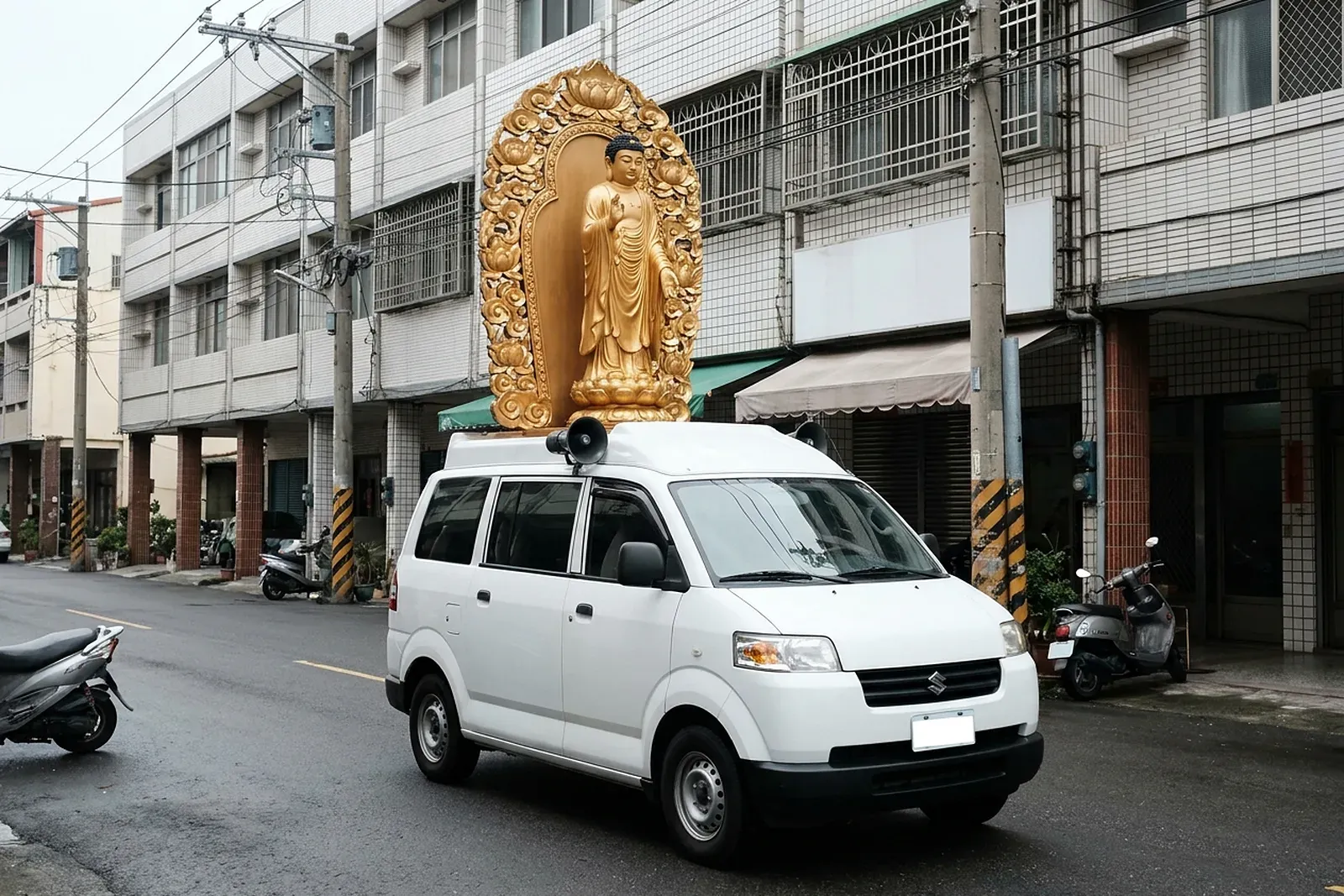 台灣佛教喪禮的佛祖車示意圖：白色廂型車車頂安座金色阿彌陀佛立像與蓮花座，外圍金色雕花神龕，車頂裝有誦經喇叭，停在台灣街道上